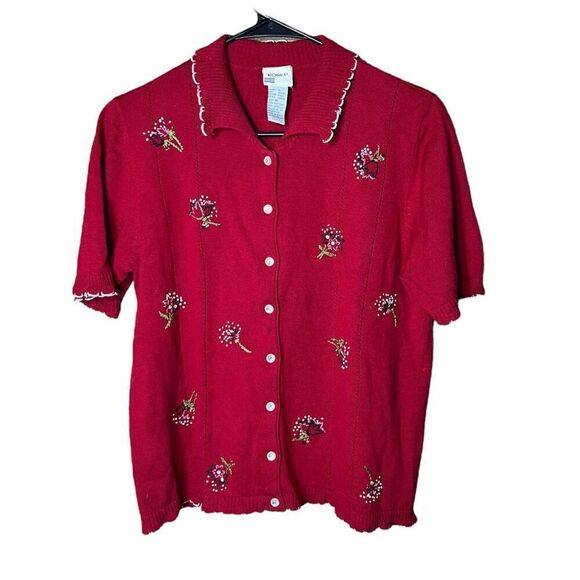 Vintage Koret 90s Red Embroidered Flowers Cardigan Sweater Size M - Picture 1 of 6